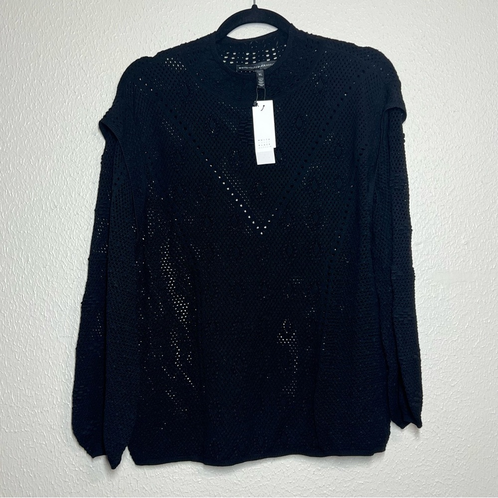 White House Black Market WHBM Crewneck Sweater Black Open Knit Size XL Stretch